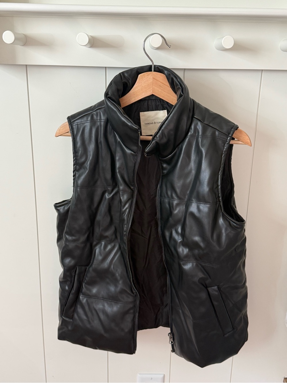 Thread & Supply Black Quilted Faux-Leather Puffer Vest